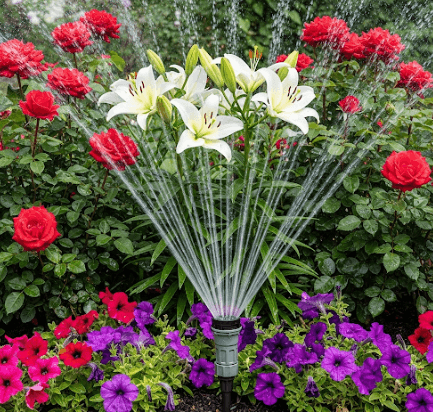 Sprinkler watering a flower bed full of lilies, roses and petunias