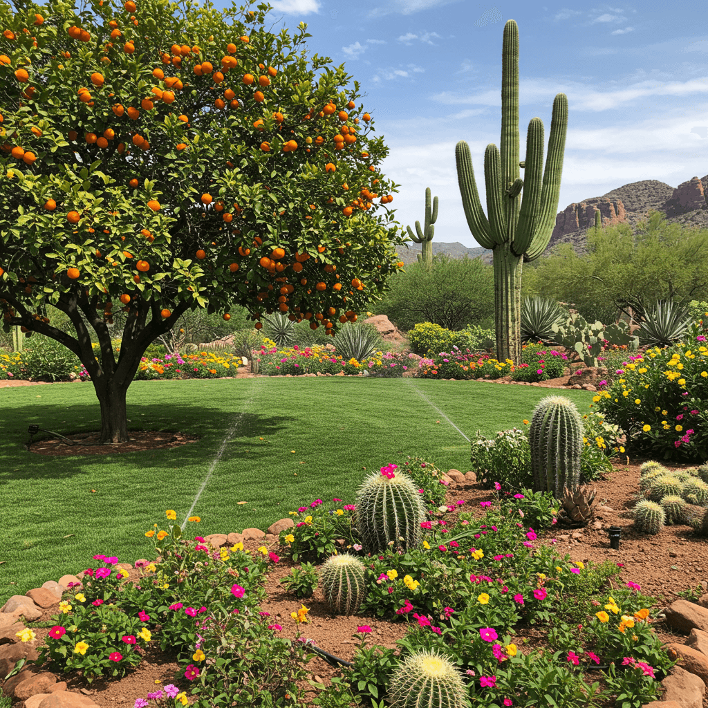 Lush, well-irrigated Arizona desert garden with citrus tree, saguaro cactus and blooming flowers