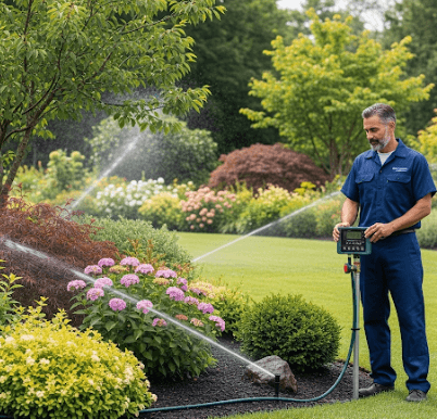 Technician programming an irrigation controller beside a watered garden bed