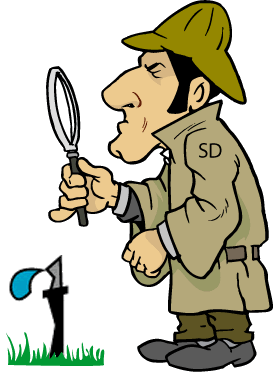 Sprinkler Detective Inc. logo - cartoon detective inspecting a sprinkler