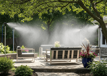 High pressure mister system cooling a shaded backyard patio